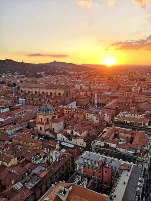 Foodies will Love Bologna Italy - Where to Travel Alone - The View of Bologna at Sunset from the Two Towers